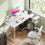 DEVAISE L Shaped Gaming Desk with Power Outlets & RGB LED Lights, 122CM Gaming Desk with Monitor Stand & Hook, Corner Desks with Storage Shelf for Home Office & Small Spaces, White