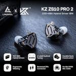 Linsoul KZ ZS10 PRO 2 In Ear Monitor IEM, 1DD+4BA Hybrid Wired Earbuds, with 4-Level Tuning Switch, 3-Way Crossover Gaming Earbuds, Silver-plated IEM Cable for Musician Audiophile (Black, Without Mic)