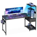 Coleshome 138×48 cm Gaming Desk with LED Lights, Reversible Computer Desk with Drawers & Display Shelves, Gaming Table with Headphone Hook, Carbon Fiber Black