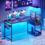 Coleshome 138×48 cm Gaming Desk with LED Lights, Reversible Computer Desk with Drawers & Display Shelves, Gaming Table with Headphone Hook, Carbon Fiber Black