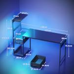 Coleshome 138×48 cm Gaming Desk with LED Lights, Reversible Computer Desk with Drawers & Display Shelves, Gaming Table with Headphone Hook, Carbon Fiber Black