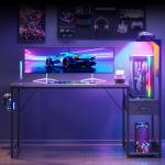 Coleshome 138×48 cm Gaming Desk with LED Lights, Reversible Computer Desk with Drawers & Display Shelves, Gaming Table with Headphone Hook, Carbon Fiber Black