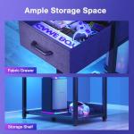 Coleshome 138×48 cm Gaming Desk with LED Lights, Reversible Computer Desk with Drawers & Display Shelves, Gaming Table with Headphone Hook, Carbon Fiber Black