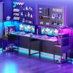 Coleshome 138×48 cm Gaming Desk with LED Lights, Reversible Computer Desk with Drawers & Display Shelves, Gaming Table with Headphone Hook, Carbon Fiber Black