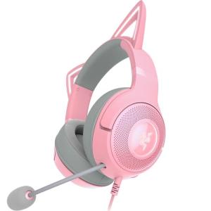 Razer Kraken Kitty V2 - Wired RGB Headset with Kitty Ears (Stream Reactive Lighting, HyperClear Cardioid Mic, TriForce 40 mm Drivers, 7.1 Surround Sound) Quartz Pink