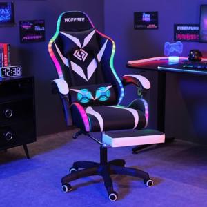 HOFFREE Gaming Chair with Massage and LED Lights Ergonomic Computer Chair with Footrest Reclining High Back Video Game Chair for Adults with Adjustable Lumbar Support White and Black