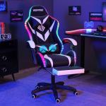 HOFFREE Gaming Chair with Massage and LED Lights Ergonomic Computer Chair with Footrest Reclining High Back Video Game Chair for Adults with Adjustable Lumbar Support White and Black