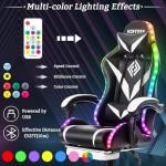 HOFFREE Gaming Chair with Massage and LED Lights Ergonomic Computer Chair with Footrest Reclining High Back Video Game Chair for Adults with Adjustable Lumbar Support White and Black