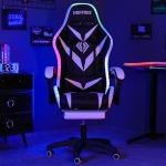 HOFFREE Gaming Chair with Massage and LED Lights Ergonomic Computer Chair with Footrest Reclining High Back Video Game Chair for Adults with Adjustable Lumbar Support White and Black
