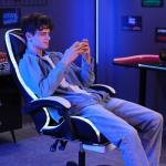 HOFFREE Gaming Chair with Massage and LED Lights Ergonomic Computer Chair with Footrest Reclining High Back Video Game Chair for Adults with Adjustable Lumbar Support White and Black