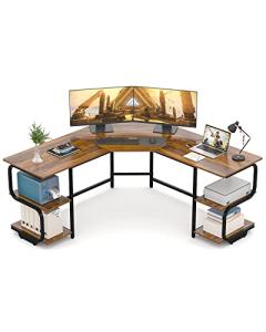 Teraves Modern L Shaped Desk with Shelves,64.84" Computer/Gaming Desk for Home Office,Corner Desk with Desktop (Teak+Black Frame, Large+4 Tier Shelves)