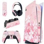 playvital Cherry Blossoms Petals Full Set Skin Decal for ps5 Console Disc Edition,Sticker Vinyl Decal Cover for ps5 Controller & Charging Station & Headset & Media Remote