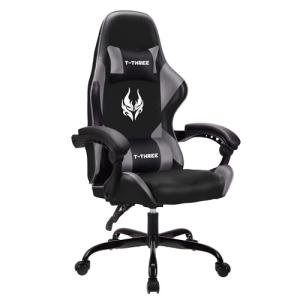 T-THREE.Ergonomic high-back gaming, computer, office, study, swivel, and racing-style chair with adjustable lumbar and headrest support, 150kg weight capacity, ideal for home office(Gray)