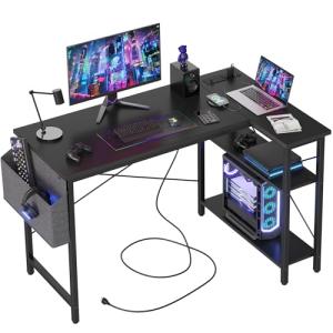 BEXEVUE Small L Shaped Desk with Power Outlets - 120x70cm Gaming Corner Computer Desk Writing Table, Reversible Large Storage Shelves, Bookshelf Workstation for Study Play Work Home Office Black