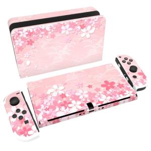 playvital Full Set Protective Stickers for Nintendo Switch OLED Model, Customized Vinyl Decal Skins for Switch OLED Console & Joycon & Dock & Grip - Cherry Blossoms Petals