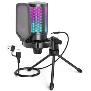 FIFINE Gaming USB Microphone for PC PS5, RGB Condenser Microphone with Tap-to-Mute Button, Shock Mount, Pop Filter, Gain Control for Streaming Podcast Discord Twitch- AmpliGame