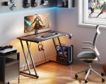 ODK Gaming Desk with LED Lights, Gaming Table with Cup Holder and Headphone Hook, Double Z Frame Design Computer Desk, Carbon Fiber Black 100 cm