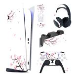 playvital Full Set Skin Decal for ps5 Console Digital Edition, Sticker Vinyl Decal Cover for ps5 Controller & Charging Station & Headset & Media Remote - Falling Cherry Blossom