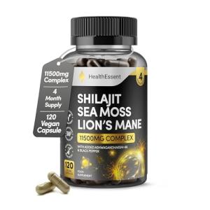 Shilajit Seamoss and Lions Mane Capsules, 11500mg 3-in-1 Brain & Focus Supplement with Ashwagandha & Black Pepper, High Strength Lions Mane Shilajit Blend for Energy & Immunity,120 Vegan Capsules