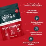 Iron Tablets High Strength - Energy Tablets with Vitamin C, B12 & Folic Acid - 120 Vegan Iron Supplements for Women and Men - 14mg - Enhanced Energy Support & Increased Absorption - UK Made