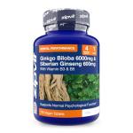 Zipvit Ginkgo Biloba 6000mg & Siberian Ginseng 600mg with Vitamin B3 & B5, Supports Energy & Mental Performance. 4 Months Supply, 120 Vegan Tablets, 1 a Day.