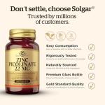 Solgar Zinc Picolinate 22 Mg Tablets - Healthy Skin, Hair and Nails - Highly absorbable Premium Form, Easy to Swallow - Vegan, Pack of 1, 100 Tablets