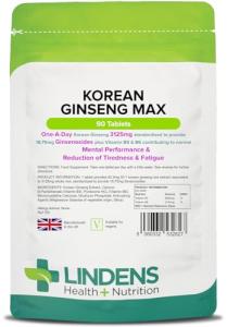 Lindens - Korean Ginseng Max 3125mg - 90 Tablets - 1-A-Day - UK Made - Vitamin B5 & B6, for Normal Mental Performance, Reduction of Tiredness & Fatigue - Letterbox Friendly, Vegan