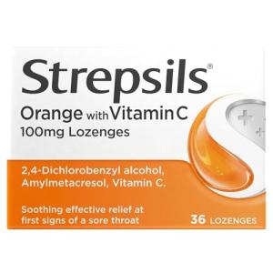 Strepsils Orange Vitamin C Lozenges, 100mg, 36 Count, Fast-Acting Sore Throat Relief, Soothes In 2 Hours, Effective Discomfort Medication