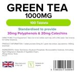 Lindens - Green Tea 1000mg, 100 Tablets - UK Made - Standardised to Provide 120mg Polyphenols and 80mg Catechins - Green Tea Extract, 2,000mg Daily Intake - Letterbox Friendly, Vegan