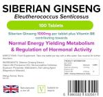 Lindens - Siberian Ginseng 1000mg - 100 Tablets - UK Made - High Potent Extract, for Normal Energy Yielding Metabolism & Regulation of Hormonal Activity - Letterbox Friendly, Vegan