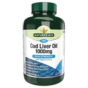 Natures Aid Cod Liver Oil 1000mg Softgels – High Strength Omega-3 Fish Oil with Vitamins A & D – Supports Immune System, Heart Health, Brain, Vision, Joints – Non-GMO – 180 Capsules