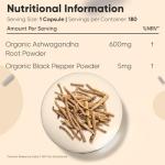 Organic Ashwagandha Capsules - 180 Capsules (6 Months Supply) - with Organic Black Pepper - 1 per Day - Soil Association Certified Ashwagandha Supplement - Non-GMO, Vegan-Friendly & Additive-Free