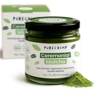 PureChimp Ceremonial Grade Matcha Powder 50g. 100% Pure Green Tea. Shade-Grown for MatchaLatte, Teas & Recipes. Recyclable Glass Jar. Antioxidant-Rich.