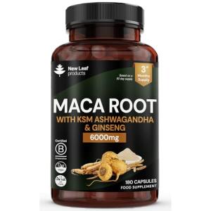 Maca Root Capsules with KSM Ashwagandha and Ginseng - 180 High Strength 6000mg Maca Root + Ashwagandha KSM-66, Panax Ginseng & Black Pepper - Vegan Capsules Made in The UK