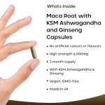 Maca Root Capsules with KSM Ashwagandha and Ginseng - 180 High Strength 6000mg Maca Root + Ashwagandha KSM-66, Panax Ginseng & Black Pepper - Vegan Capsules Made in The UK