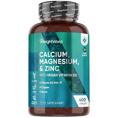 WeightWorld Calcium, Magnesium, Zinc and Vitamin D Supplement | 1+ Year Supply | 400 Vegan Tablets | Calcium Tablets with Vitamin K2, Vitamin D, Copper & Selenium | Magnesium Stearate-Free