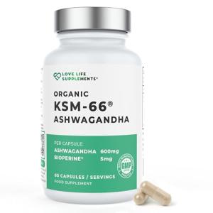 High Strength Organic Ashwagandha KSM-66®, 600mg per Capsule, 2 Month Supply - 60 Capsules, 5% Withanolides, Bioperine® for Increased Absorption, Zero Fillers, Lab Tested - Love Life Supplements