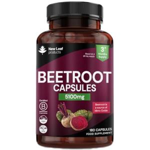 Beetroot Capsules 5100mg - High Strength Beetroot Supplement 180 Vegan Capsules - Nitric Oxide - Enriched with Black Pepper Made in The UK by New Leaf
