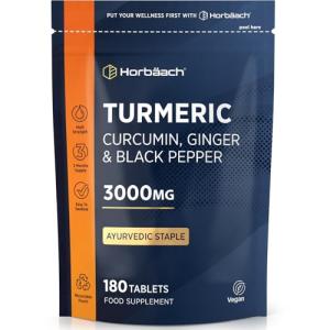 Turmeric Tablets 3000mg with Black Pepper & Ginger | 95% Curcuminoids | High Strength Active Curcumin Extract | 180 Vegan Tablets (Not Capsules) - 3 Month Supply | Horbaach