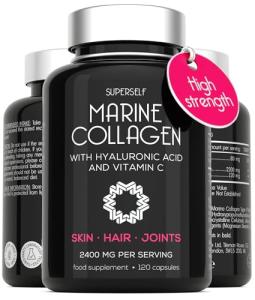 Marine Collagen Capsules 2200mg - with Hyaluronic Acid & Vitamin C - High Strength Complex for Skin Hair Support - Premium Type 1 Peptides - Collagen Supplements for Women & Men - 120 Capsules