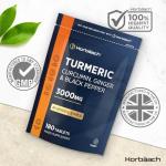 Turmeric Tablets 3000mg with Black Pepper & Ginger | 95% Curcuminoids | High Strength Active Curcumin Extract | 180 Vegan Tablets (Not Capsules) - 3 Month Supply | Horbaach