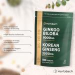 Ginkgo Biloba and Korean Ginseng Tablets | High Strength | Ginkgo 9000mg & Ginseng Root 3000mg | 180 Vegan Tablets | by Horbaach