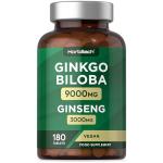 Ginkgo Biloba and Korean Ginseng Tablets | High Strength | Ginkgo 9000mg & Ginseng Root 3000mg | 180 Vegan Tablets | by Horbaach