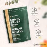 Ginkgo Biloba and Korean Ginseng Tablets | High Strength | Ginkgo 9000mg & Ginseng Root 3000mg | 180 Vegan Tablets | by Horbaach