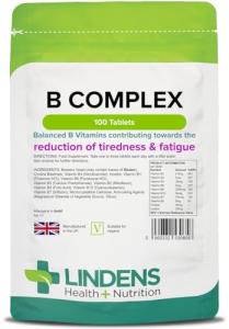 Lindens Vitamin B Complex, 100 Tablets - with 8 B Vitamins, B1,B2,B3,B5,B6,B7,B9,B12 - Reduce of Tiredness & Fatigue, Immune Support - UK Made, Vegan, GMP & Letterbox Friendly