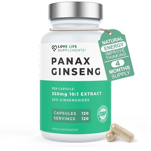 Panax (Korean) Ginseng 3500mg 20% Ginsenosides | 4 Month Supply - 120 High Strength Capsules with No Bulking Agents | for Improved Memory, Athletic Endurance, Stress Reduction | Love Life Supplements