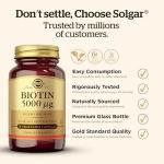 Solgar Biotin 5000 mcg Vegetable Capsules - High Strength Formula - Supports Hair Growth, Glowing Skin, Energy & Vitality - Health Supplement - Sugar Free - Suitable for Vegans - Pack of 50