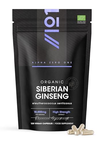 Organic Siberian Ginseng 10,000mg - High Strength Eleutherococcus Senticosus 15:1 Extract - 120 Vegan Capsules – Resealable and Recyclable Pouch by Alpha01