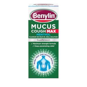 Benylin Mucus Cough Max Menthol Flavour, Helps to Clear Chest Mucus from Day 1, Cough Medicine for Adults, 100 mg/5 ml Oral Solution, 150 ml