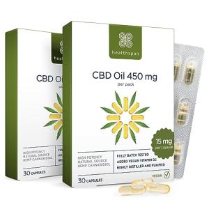 Healthspan 900mg (2 x Packs of 450mg) CBD Oil Capsules | 60 Capsules | Added Vitamin D3 | Vegan